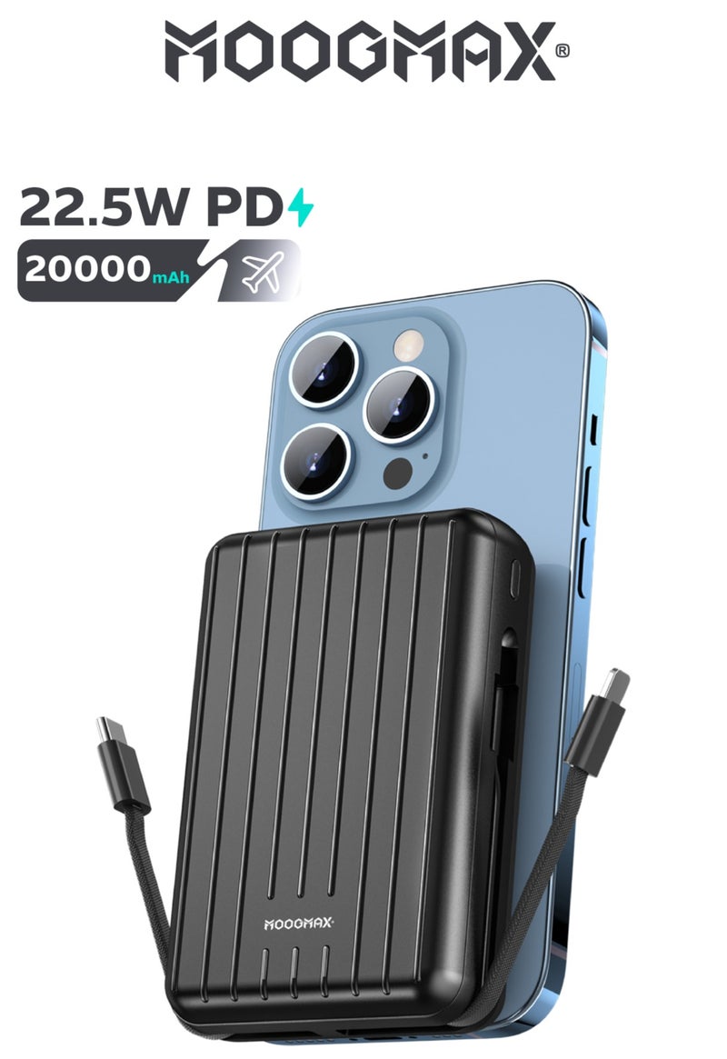 موجماكس باور بنك لاسلكي مغناطيسي من سلسلة trunk بسعة 20000mAh والجهد 22.5W فائق الشحن وكبلان مدمجان مع شحن لاسلكي بجهد 15 واط و 3 منافذ خارجية 1 Type-c و 1 Type-A ومنفذ لايتنينج(ايفون) لشحن الباوربنك. أسود - Image 1